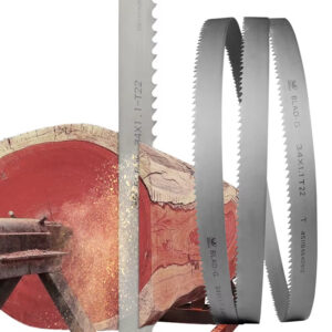 BLAD-G Series Woodworking Bimetal Band Saw Blades, 34mm wide x 1.1mm thick, available in T22/T23 models, designed for efficient wood cutting with smooth results.