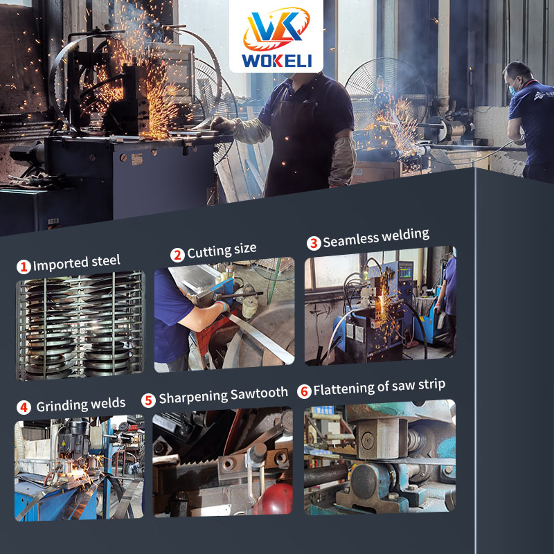 WOKELI brand professional carbide band saw blades are manufactured using imported steel and a six-step precision crafting process, including seamless welding, tooth grinding, and blade flattening, ensuring exceptional cutting precision and durability.